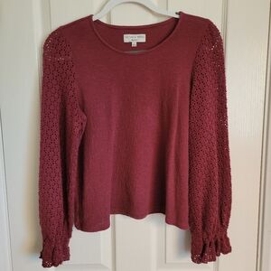 Madewell Texture & Thread Eyelet Mix Ruffle-Sleeve Top Burgundy Color Size Small